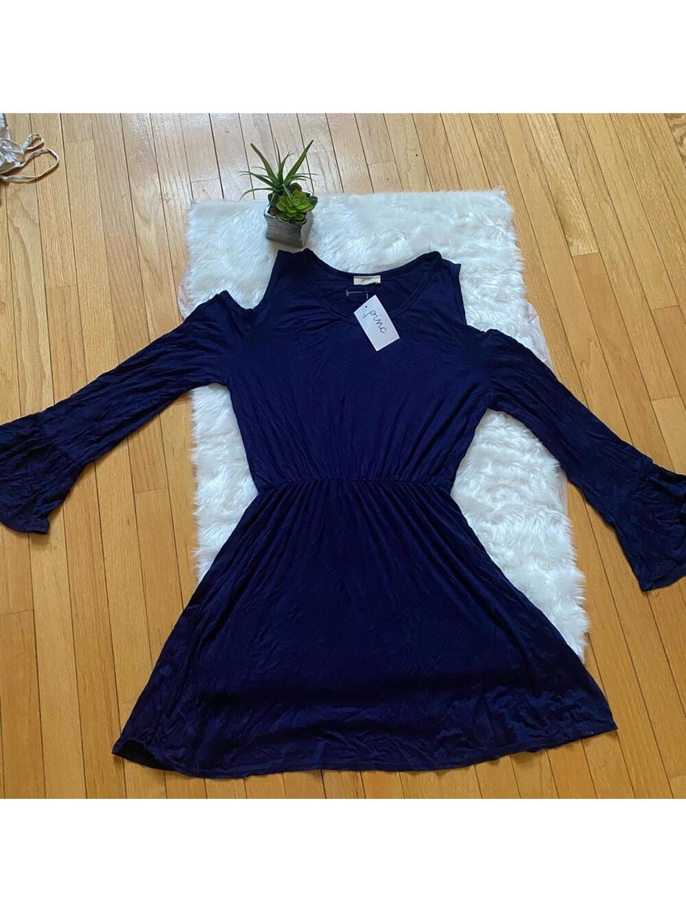 Pinc Women's Navy Blue Long Sleeve Dress with Cold Shoulder Detail, Size XL